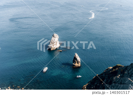 Yacht boats with tourists sailing on water Black Sea, seascape panorama summer Yacht boats with tourists sailing on water Black Sea, seascape panorama summer 140301517