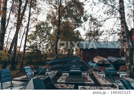 Pleasure boats are turned upside down, ships are stored in park in winter 140301525