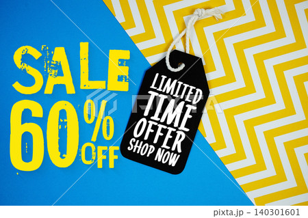 Sale 60% Off and Limited Time offer with Price Tag on blue background Sale 60% Off and Limited Time offer with Price Tag on blue background 140301601