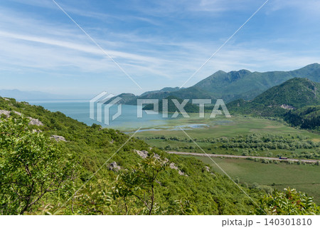 Skadar Lake in Montenegro, summer scenic waterscape pond on sunny day nature 140301810