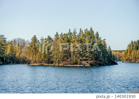 Landscape blue deep lake light sun, clouds sky mountains Ladoga skerries Karelia 140301930
