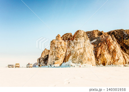 Three sisters Rock Lake Baikal Siberia Russia, winter landscape frozen ice pond 140301938