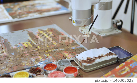 Robotic arm with a paintbrush creating a colorful textured painting Robotic arm with a paintbrush creating a colorful textured painting 140303028