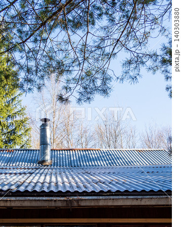 forest cabin roof surrounded by coniferous trees forest cabin roof surrounded by coniferous trees 140303880