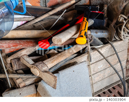 old and new construction tools in wooden box old and new construction tools in wooden box 140303904