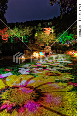 岐阜公園ぎふ灯り物語で彩られた花模様の光と和傘の幻想的な夜景 岐阜公園ぎふ灯り物語で彩られた花模様の光と和傘の幻想的な夜景 140304794