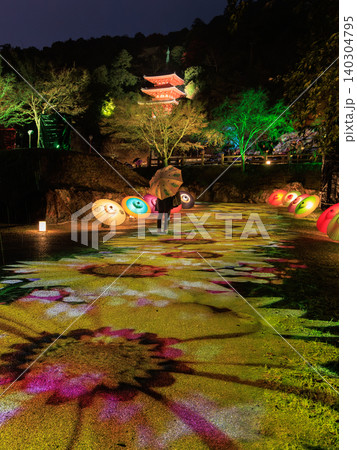 岐阜公園ぎふ灯り物語で彩られた花模様の光と和傘の幻想的な夜景 岐阜公園ぎふ灯り物語で彩られた花模様の光と和傘の幻想的な夜景 140304795