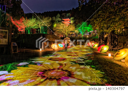 岐阜公園ぎふ灯り物語で彩られた花模様の光と和傘の幻想的な夜景 岐阜公園ぎふ灯り物語で彩られた花模様の光と和傘の幻想的な夜景 140304797
