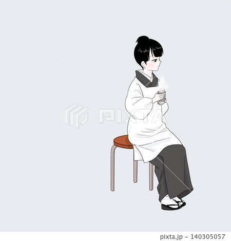 ひと息つく割烹着姿の女性 和カフェ休憩イメージ ひと息つく割烹着姿の女性 和カフェ休憩イメージ 140305057
