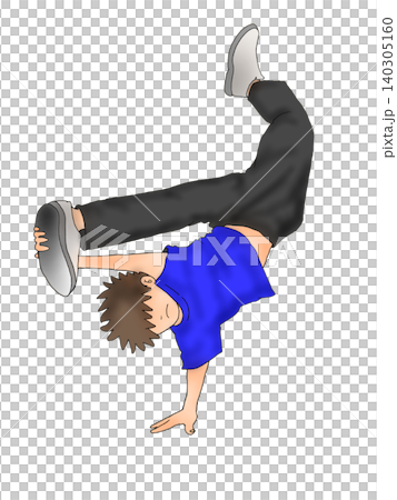 ブレイクダンスをする少年 フリーズポーズのイラスト 青シャツ 140305160