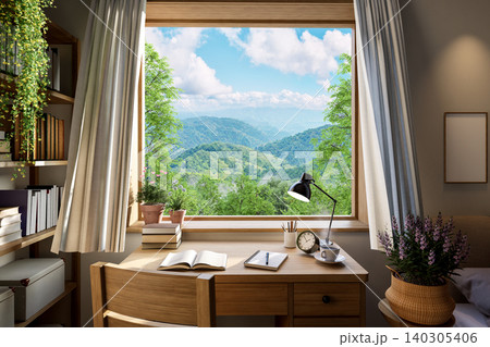 Reading table with nature view background 3d render Reading table with nature view background 3d render 140305406