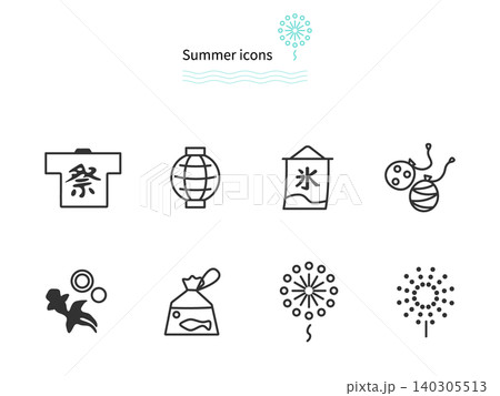 夏祭りや花火大会のシンプルな線画アイコンイラストセット。はっぴや水ヨーヨー、金魚すくいの素材。 140305513