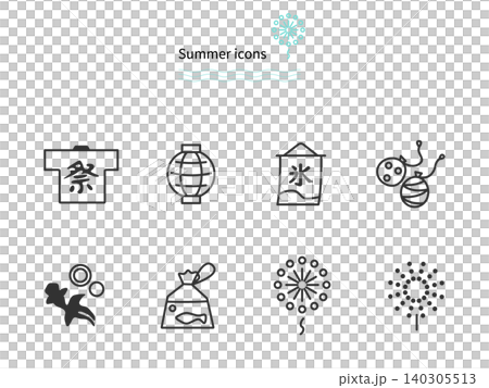 夏祭りや花火大会のシンプルな線画アイコンイラストセット。はっぴや水ヨーヨー、金魚すくいの素材。 140305513