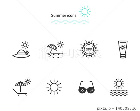 日焼け止めやサングラス、ビーチパラソルなど夏のUV対策のシンプルな線画アイコンイラストセット。 140305516