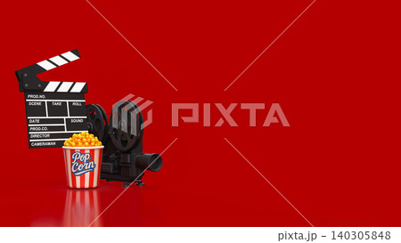 Creative Cinema Night With Popcorn And Vintage Film Equipment 3d render. Creative Cinema Night With Popcorn And Vintage Film Equipment 3d render. 140305848
