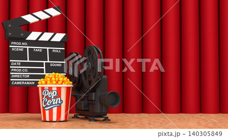 Cinema Stage Scene With Popcorn And Film Clapperboard 3d render. 140305849