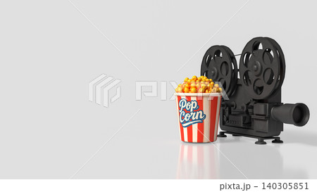 Classic Movie Night With Popcorn And Vintage Film Camera 3d render. 140305851