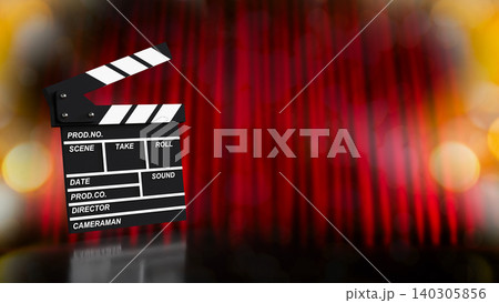 Cinematic Clapperboard On Red Curtain Background 3d render. 140305856