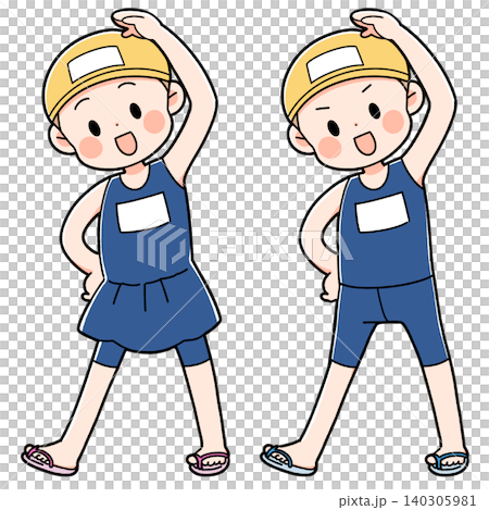 An illustration of a boy and a girl doing gymnastics in swimsuits. An illustration of a boy and a girl doing gymnastics in swimsuits. 140305981