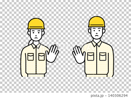 Male and female workers giving a warning Male and female workers giving a warning 140306294