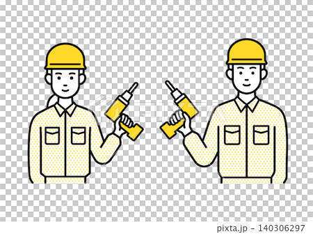 Male and female workers holding impact drivers Male and female workers holding impact drivers 140306297