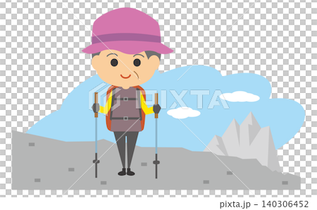 一幅描繪面帶微笑的老年婦女徒步旅行的插圖。 140306452