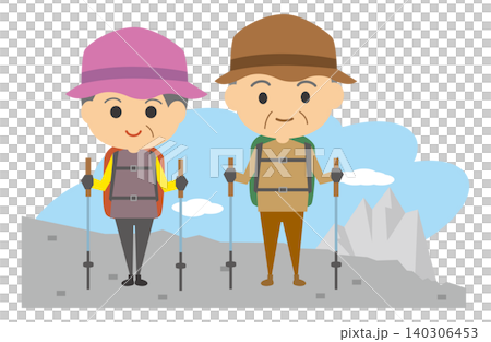 An illustration depicting a smiling senior couple hiking. An illustration depicting a smiling senior couple hiking. 140306453