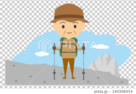 登山をする笑顔のシニア男性のイメージイラスト 登山をする笑顔のシニア男性のイメージイラスト 140306454