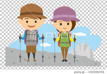 An image illustration of a smiling young man and woman hiking. An image illustration of a smiling young man and woman hiking. 140306456