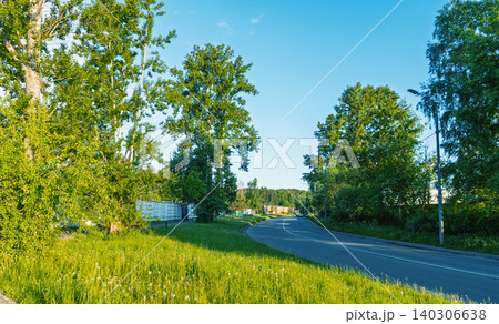 Country road curving through green meadow with tall trees under blue sky Country road curving through green meadow with tall trees under blue sky 140306638