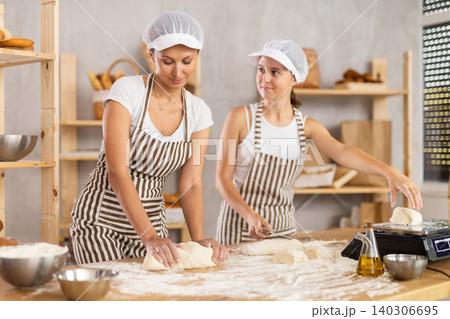Two positive bakers, woman and young girl in apron kneading dough, cutting and weighing portioned pieces for baking in bakery kitchen Two positive bakers, woman and young girl in apron kneading dough, cutting and weighing portioned pieces for baking in bakery kitchen 140306695