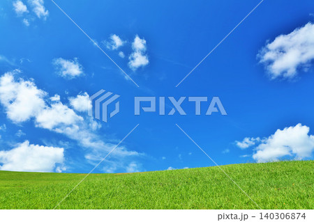 爽やかな夏の青空と新緑の草原風景 140306874