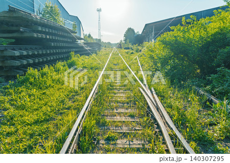 Overgrown Railway Tracks Through Industrial Yard at Sunrise Overgrown Railway Tracks Through Industrial Yard at Sunrise 140307295