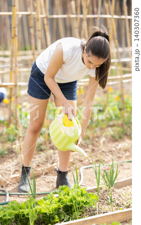 Young woman holds a in her hands and waters the plantings Young woman holds a in her hands and waters the plantings 140307360