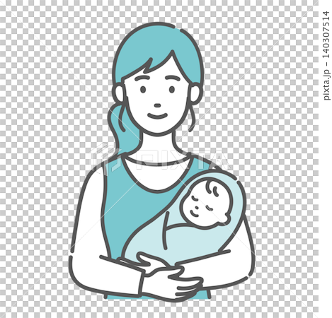 An illustration of the upper body of a mother holding a baby (front view, normal pose). An illustration of the upper body of a mother holding a baby (front view, normal pose). 140307514