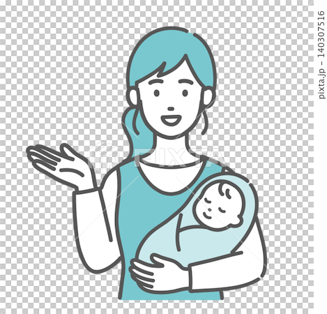 An illustration of a mother holding a baby in a guiding/introductory pose. An illustration of a mother holding a baby in a guiding/introductory pose. 140307516