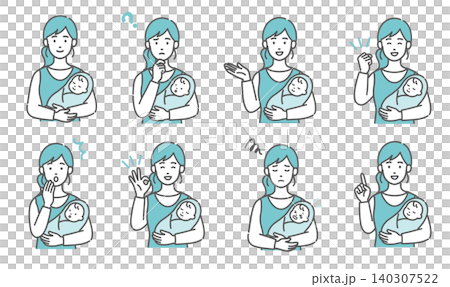 赤ちゃんを抱っこする母親の表情・ポーズ8点セットのイラスト 赤ちゃんを抱っこする母親の表情・ポーズ8点セットのイラスト 140307522