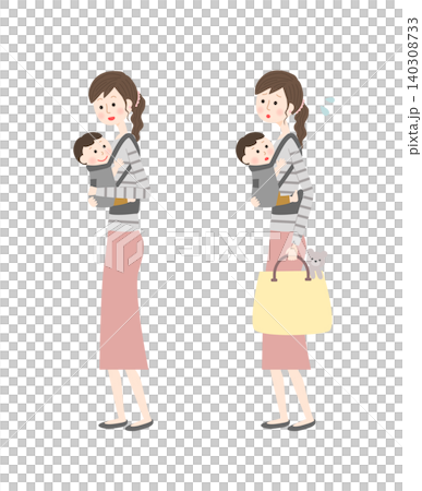一組描繪一位女性用嬰兒背帶背著嬰兒的插圖。 一組描繪一位女性用嬰兒背帶背著嬰兒的插圖。 140308733