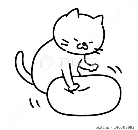 クッションをふみふみする猫の白黒イラスト 140308992