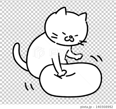 A black and white illustration of a cat kneading a cushion. A black and white illustration of a cat kneading a cushion. 140308992