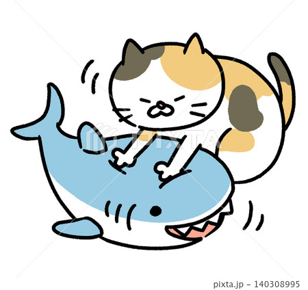 サメのぬいぐるみをふみふみする猫のイラスト サメのぬいぐるみをふみふみする猫のイラスト 140308995