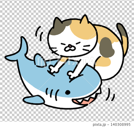 サメのぬいぐるみをふみふみする猫のイラスト サメのぬいぐるみをふみふみする猫のイラスト 140308995