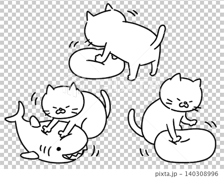 一組黑白插圖，描繪了一隻貓在揉捏靠墊。 140308996