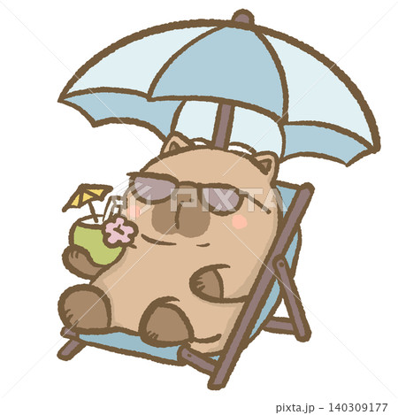 Cute Capybara Relaxing On Beach Chair Under Umbrella Drinking Tropical Coconut Cocktail Summer Vacation Seaside Holiday Coastal Travel Character Illustration 140309177