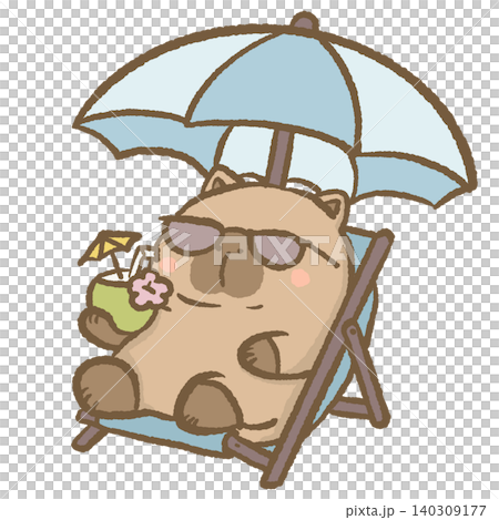 Cute Capybara Relaxing On Beach Chair Under Umbrella Drinking Tropical Coconut Cocktail Summer Vacation Seaside Holiday Coastal Travel Character Illustration 140309177