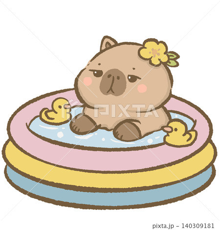 Cute Capybara Sitting In Colorful Inflatable Pool With Rubber Duck Summer Water Play Backyard Vacation Fun Character Illustration 140309181