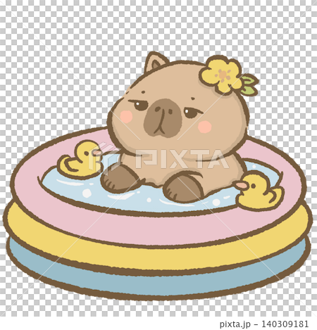 Cute Capybara Sitting In Colorful Inflatable Pool With Rubber Duck Summer Water Play Backyard Vacation Fun Character Illustration 140309181