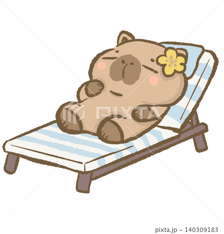 Cute Capybara Relaxing On Beach Lounge Chair Tropical Summer Vacation Seaside Holiday Leisure Time Coastal Travel Character Illustration 140309183