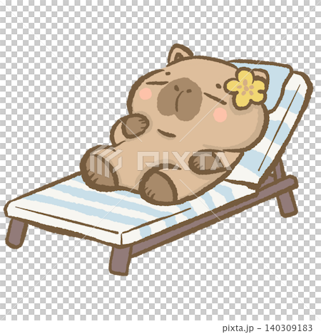 Cute Capybara Relaxing On Beach Lounge Chair Tropical Summer Vacation Seaside Holiday Leisure Time Coastal Travel Character Illustration 140309183