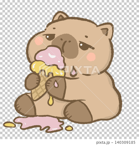 Cute Capybara Eating Melting Ice Cream Cone Sweet Summer Dessert Treat Funny Food Lover Character With Dripping Ice Cream Illustration 140309185
